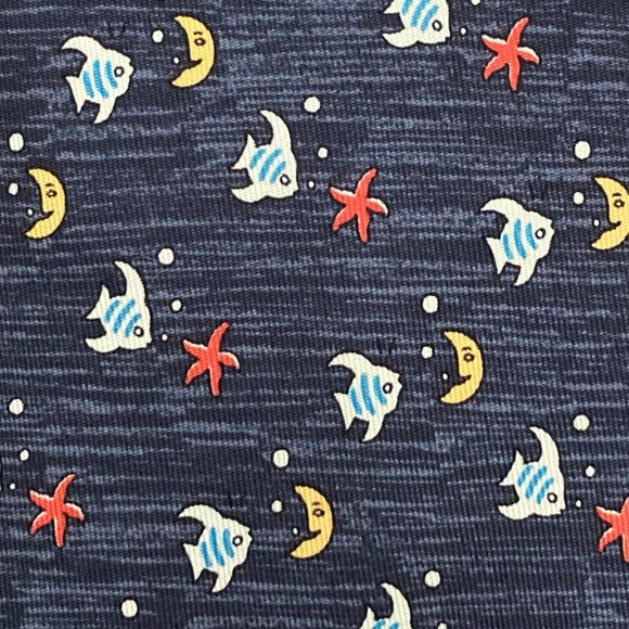 100% REAL HERMES TIE ~ DARK BLUE w FUN ANGEL FISH & YELLOW MOONS RED STARFISH - Picture 5 of 6